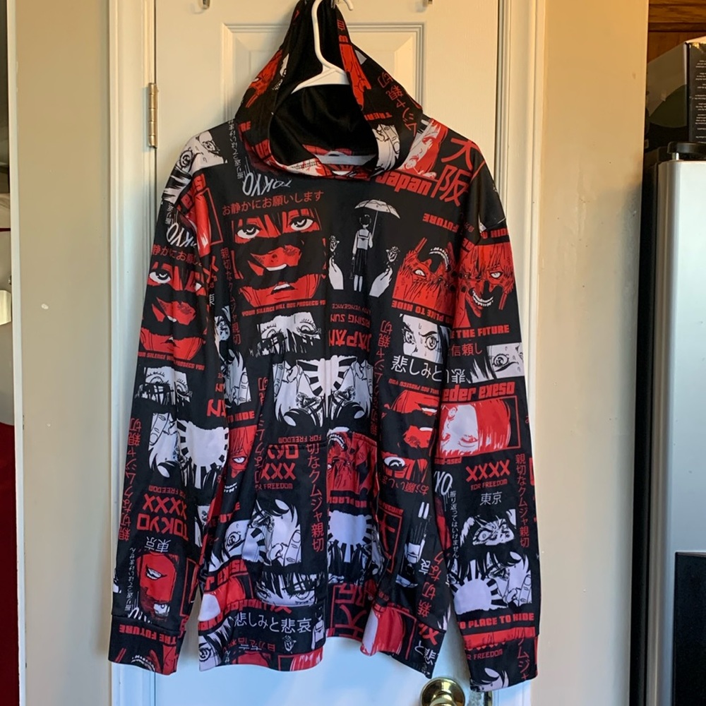 Rare Fresh Prints of Tokyo Black and Red Anime Scenes Pull Over Unisex Hoodie